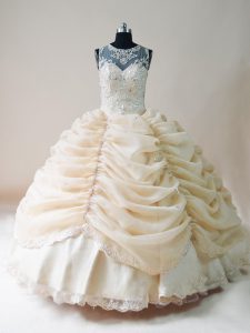 Champagne Ball Gowns Lace and Appliques Sweet 16 Dresses Lace Up Organza Sleeveless Floor Length