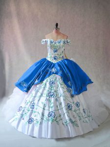 Off The Shoulder Sleeveless Quince Ball Gowns Floor Length Embroidery and Ruffles Blue And White Organza