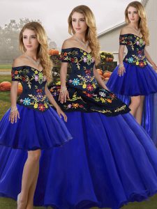 Top Selling Royal Blue Ball Gowns Embroidery Sweet 16 Dresses Lace Up Tulle Sleeveless Floor Length