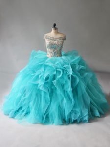 Designer Aqua Blue Organza Lace Up Quince Ball Gowns Sleeveless Brush Train Beading and Ruffles
