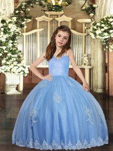New Style Baby Blue Sleeveless Floor Length Appliques Lace Up Little Girl Pageant Dress