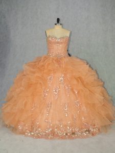 Enchanting Sleeveless Beading and Ruffles Lace Up Ball Gown Prom Dress with Orange