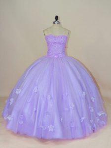Great Lavender Ball Gowns Beading and Hand Made Flower Vestidos de Quinceanera Backless Tulle Sleeveless Floor Length