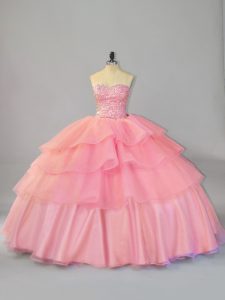Perfect Watermelon Red Quinceanera Dress Sweet 16 and Quinceanera with Beading and Ruffles Sweetheart Sleeveless Brush Train Lace Up