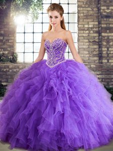 Lavender Sleeveless Beading and Ruffles Floor Length Quince Ball Gowns