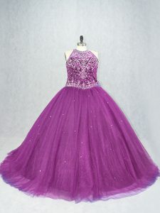 Adorable Purple Scoop Lace Up Beading 15th Birthday Dress Sleeveless