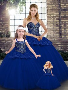Exquisite Royal Blue Tulle Lace Up Sweetheart Sleeveless Floor Length Ball Gown Prom Dress Beading and Appliques
