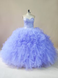 Low Price Lavender Ball Gowns Tulle Sweetheart Sleeveless Beading and Ruffles Floor Length Lace Up 15 Quinceanera Dress