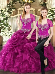 Beading and Ruffles and Pick Ups Vestidos de Quinceanera Fuchsia Lace Up Sleeveless Floor Length