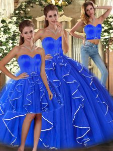 Blue Tulle Lace Up Quinceanera Dress Sleeveless Floor Length Ruffles