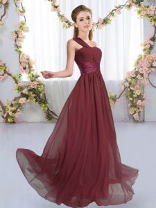 High Class Burgundy Empire One Shoulder Sleeveless Chiffon Floor Length Lace Up Ruching Vestidos de Damas