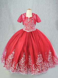 Admirable Red Kids Pageant Dress Wedding Party with Beading and Embroidery Spaghetti Straps Sleeveless Lace Up