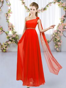 Red Empire Chiffon One Shoulder Sleeveless Beading and Hand Made Flower Floor Length Lace Up Damas Dress