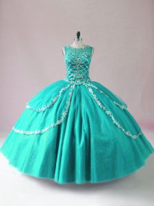 Scoop Sleeveless Vestidos de Quinceanera Floor Length Beading Turquoise Tulle
