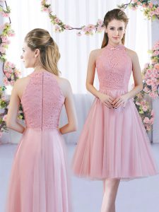 Superior Tulle High-neck Sleeveless Zipper Lace Damas Dress in Pink