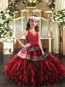 High End V-neck Sleeveless Zipper Custom Made Pageant Dress Red Organza