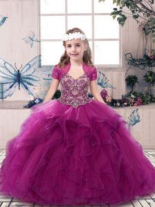 Enchanting Sleeveless Tulle Floor Length Lace Up Kids Formal Wear in Fuchsia with Beading and Ruffles