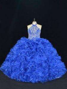 Stunning Floor Length Royal Blue 15 Quinceanera Dress Organza Sleeveless Beading and Ruffles
