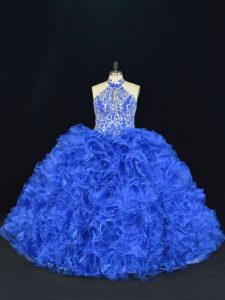 Stunning Floor Length Royal Blue 15 Quinceanera Dress Organza Sleeveless Beading and Ruffles