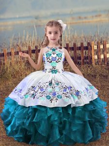 Teal Lace Up Kids Formal Wear Embroidery and Ruffles Sleeveless Floor Length