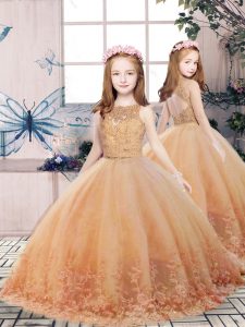 Gold Ball Gowns Tulle Scoop Sleeveless Lace and Appliques Floor Length Backless Kids Pageant Dress