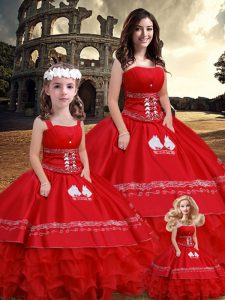 Noble Ball Gowns Quinceanera Dress Red Strapless Satin Sleeveless Floor Length Lace Up