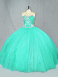 Dramatic Turquoise Ball Gowns Tulle Sweetheart Sleeveless Beading Floor Length Lace Up Quinceanera Gown
