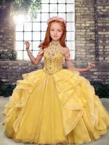 Hot Selling Floor Length Gold Child Pageant Dress Scoop Sleeveless Lace Up