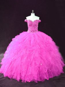 Fuchsia Lace Up Quinceanera Gown Beading and Ruffles Sleeveless Floor Length