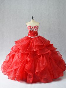 Custom Designed Sweetheart Sleeveless Quinceanera Dress Floor Length Beading and Ruffles Red Organza