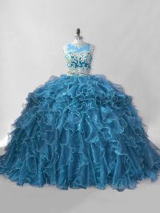Scoop Sleeveless Brush Train Zipper Sweet 16 Dress Blue Organza