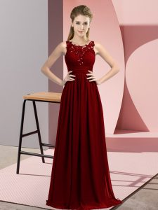 Classical Burgundy Empire Chiffon Scoop Sleeveless Beading and Appliques Floor Length Zipper Quinceanera Court of Honor Dress