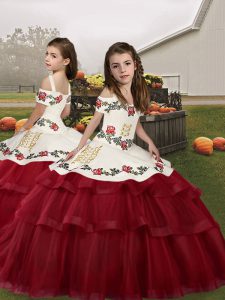 Exquisite Straps Sleeveless Lace Up Child Pageant Dress Wine Red Tulle