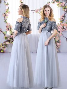 Off The Shoulder Short Sleeves Damas Dress Floor Length Appliques Grey Tulle