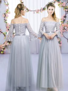 New Style Grey Lace Up Off The Shoulder Lace and Belt Quinceanera Court Dresses Tulle 3 4 Length Sleeve