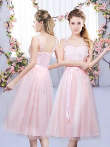 Tea Length Empire Sleeveless Baby Pink Court Dresses for Sweet 16 Lace Up