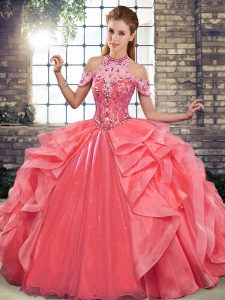 Watermelon Red Sleeveless Beading and Ruffles Floor Length Quinceanera Dresses