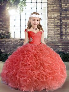 Sleeveless Floor Length Beading and Ruching Lace Up Little Girls Pageant Dress with Red
