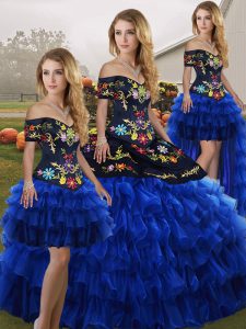 Organza Off The Shoulder Sleeveless Lace Up Embroidery and Ruffled Layers Quinceanera Dresses in Blue And Black