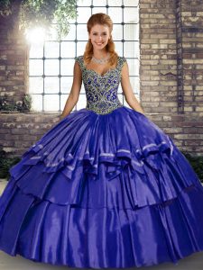 Luxury Purple Straps Lace Up Beading and Ruffled Layers Quince Ball Gowns Sleeveless