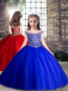 Charming Ball Gowns Little Girl Pageant Dress Royal Blue Off The Shoulder Tulle Sleeveless Floor Length Lace Up