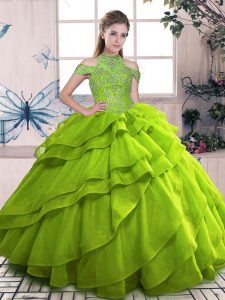 High-neck Sleeveless Organza Quinceanera Dresses Beading and Ruffled Layers Lace Up