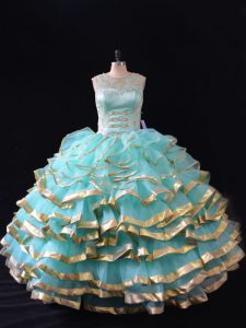 Free and Easy Sleeveless Floor Length Ruffled Layers Lace Up Quinceanera Dresses with Apple Green