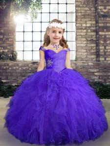 Hot Sale Straps Sleeveless Little Girls Pageant Dress Floor Length Beading and Ruffles Purple Tulle