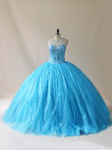 Eye-catching Baby Blue Organza Lace Up Vestidos de Quinceanera Sleeveless Floor Length Court Train Beading and Appliques