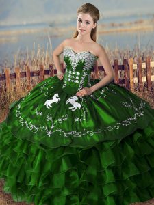 Sleeveless Floor Length Embroidery and Ruffles Lace Up Sweet 16 Dress with Green