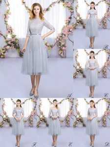 Excellent Grey High-neck Neckline Lace and Belt Quinceanera Court Dresses Half Sleeves Zipper