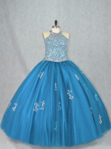Vintage Floor Length Blue Sweet 16 Dress Tulle Sleeveless Beading and Appliques