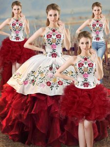 Fine Halter Top Sleeveless Organza Sweet 16 Quinceanera Dress Embroidery and Ruffles Lace Up