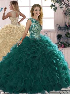 Sleeveless Organza Floor Length Lace Up Quince Ball Gowns in Peacock Green with Beading and Ruffles